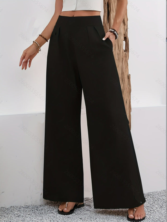 Women's high-waist wide-leg trousers with pockets from Plush Fashion Hub, full length, stylish and comfortable for casual or work wear.