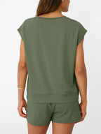 Women's soft round neck cap sleeve lounge set with drawstring shorts from Plush Fashion Hub, featuring a comfortable 2-piece design.