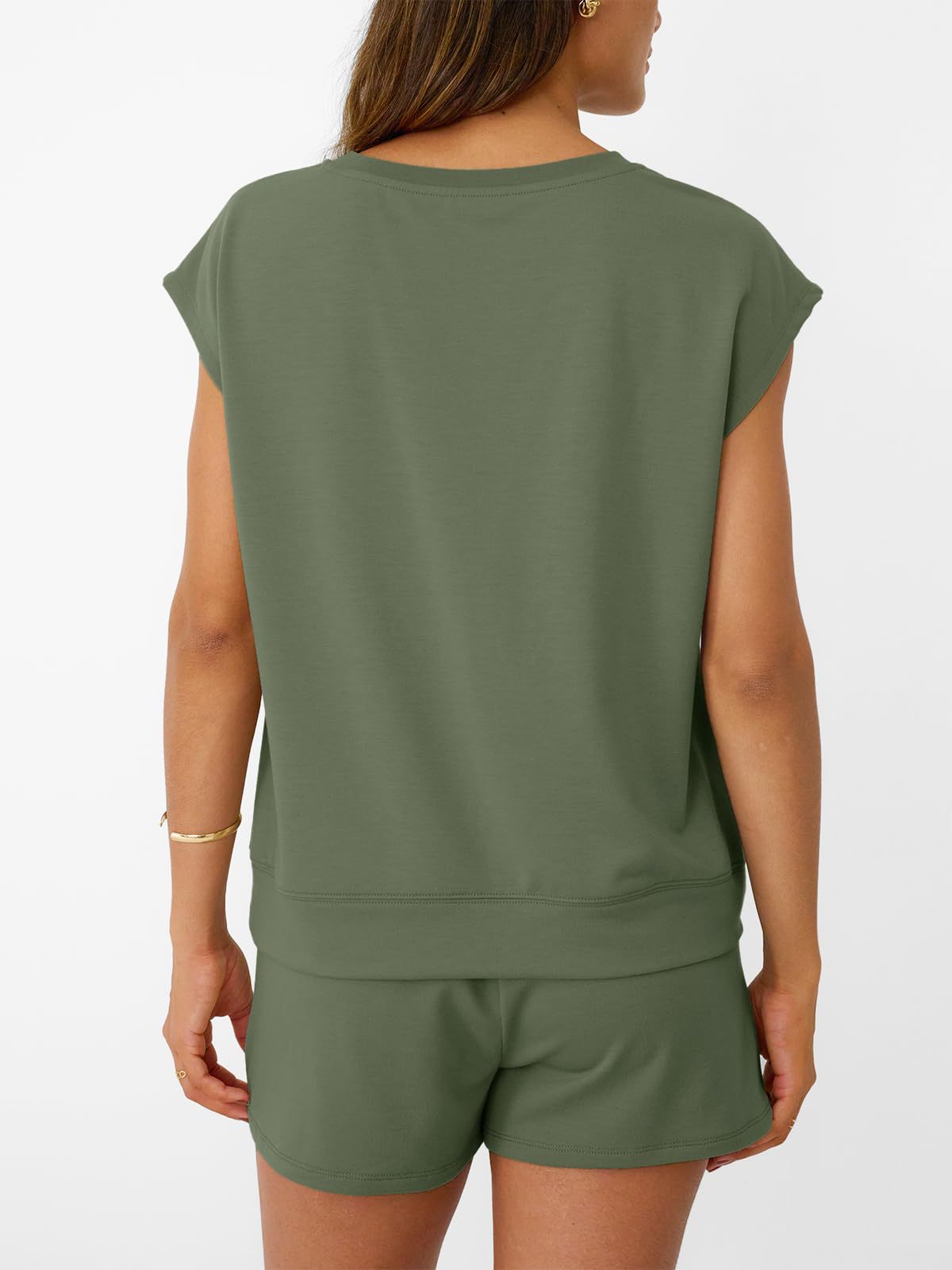Women's soft round neck cap sleeve lounge set with drawstring shorts from Plush Fashion Hub, featuring a comfortable 2-piece design.
