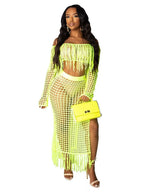 Plus size crochet off-shoulder fringe top and skirt set from Shopimist, featuring detailed crochet pattern and flowing fringe accents.