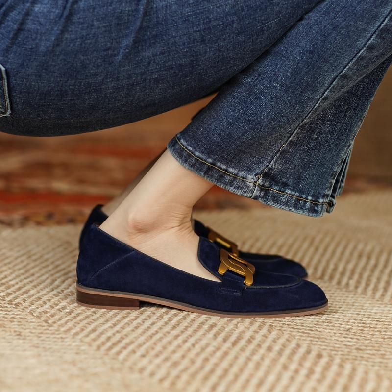 Women's suede loafers with retro metal buckle, chunky platform heel, slip-on design, by Plush Fashion Hub.