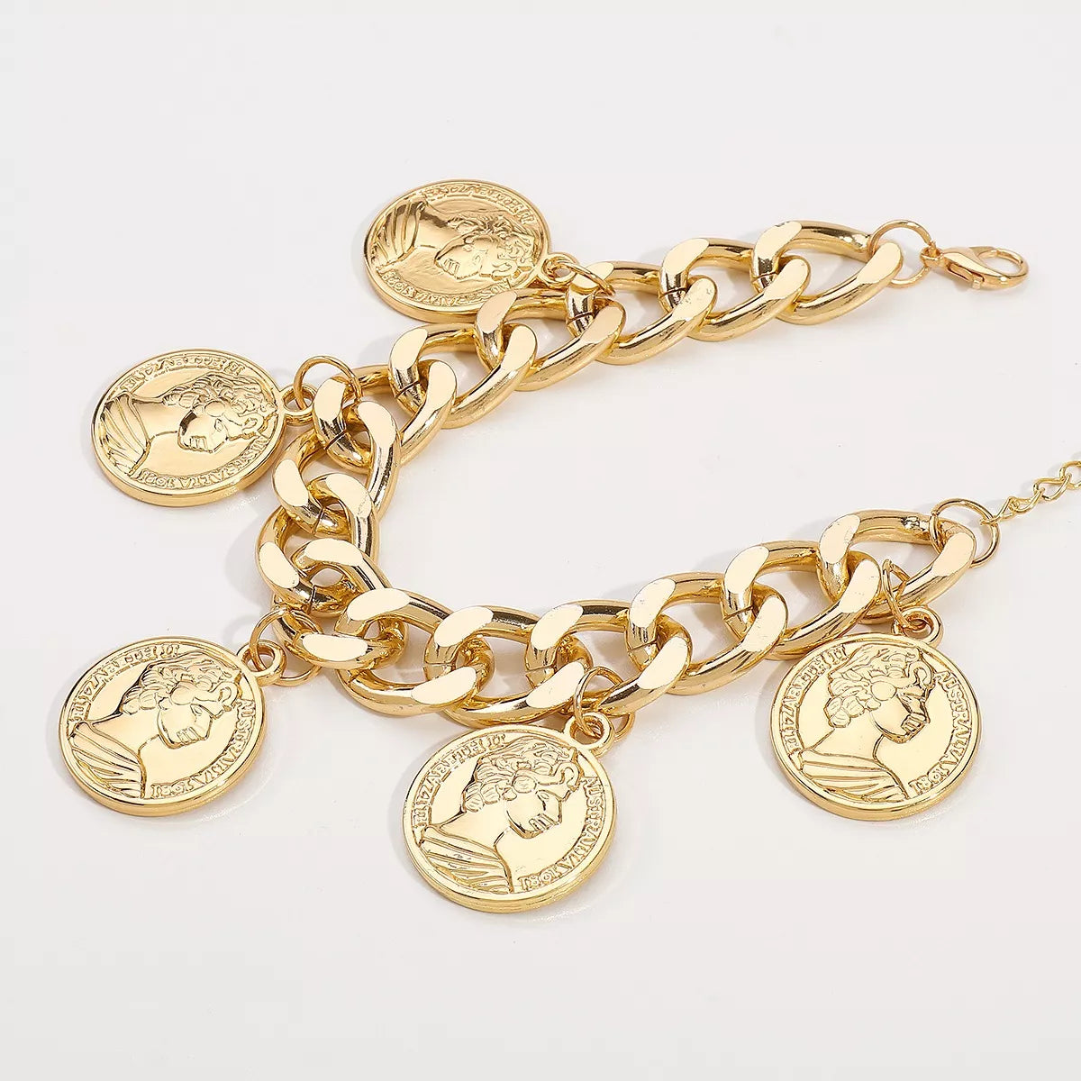 18K gold-plated coin charm bracelet with detailed coin charms and adjustable chain, stylish jewelry by Shopimist.