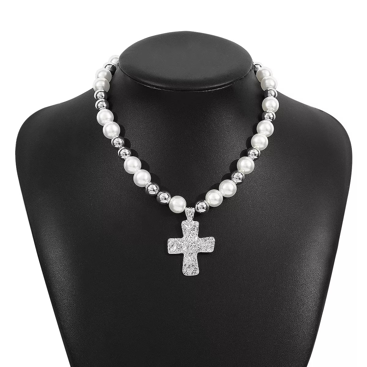 Pearl and cross pendant necklace featuring a delicate chain and elegant design, perfect for stylish accessorizing.