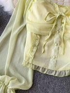 Women's elegant frill flounce sleeve smocked blouse made of lightweight polyester, featuring a stylish dress design with intricate detailing.
