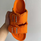 Shopimist frayed edge buckle sandals featuring a stylish strap design and woven sole, perfect for casual summer wear.