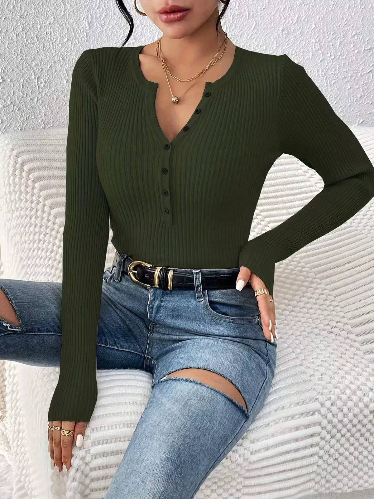 Ribbed knit button-front top by Simply Love, featuring a fitted design and ribbed texture, shown in a stylish knit top image.