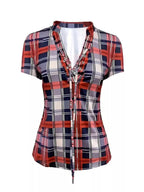 Plaid Lace-Up Short Sleeve Blouse