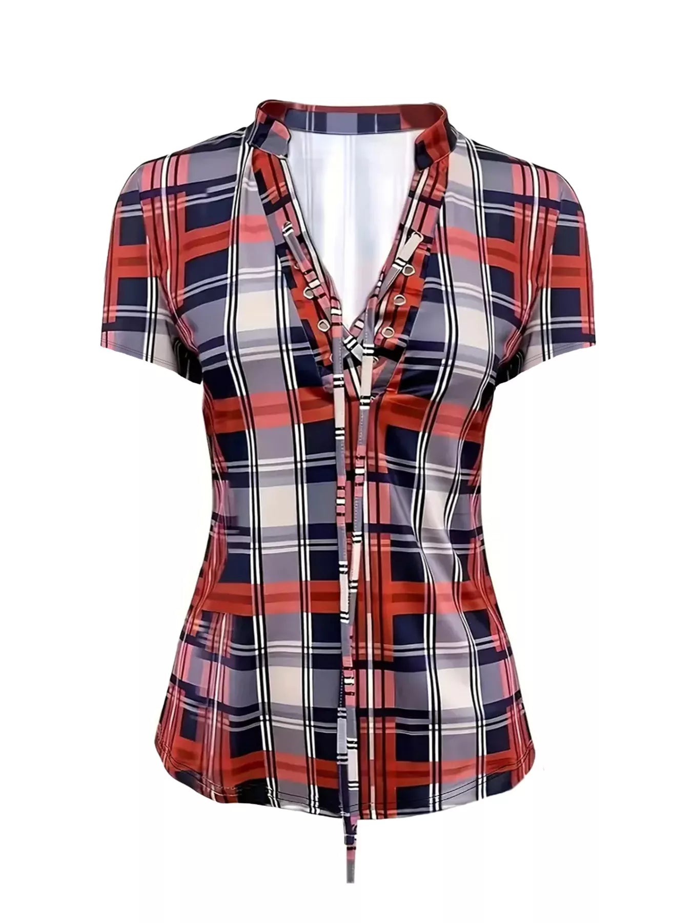 Plaid lace-up short sleeve blouse by Plush Fashion Hub featuring a stylish design and lightweight fabric, perfect for casual wear.