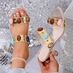 Women's open toe block heel sandals in faux leather with a comfortable design, ideal for casual or dressy occasions.