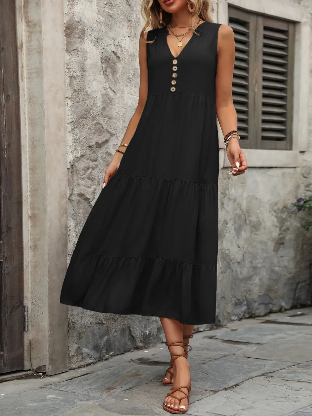Ivy Lane women's sleeveless cotton dress with notched neckline and button-down front, perfect for casual summer wear.