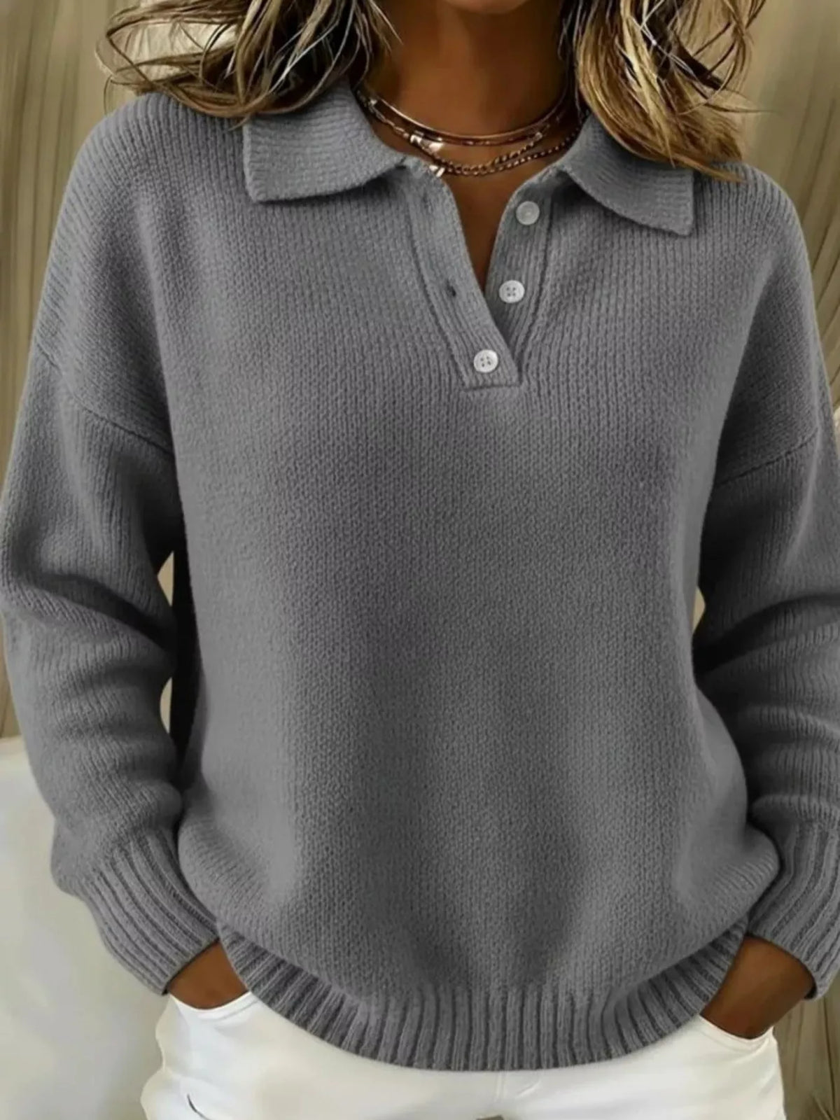 Plus size Trendsi sweater with button details and dropped shoulder design, shown in a full-size view with soft knit fabric.