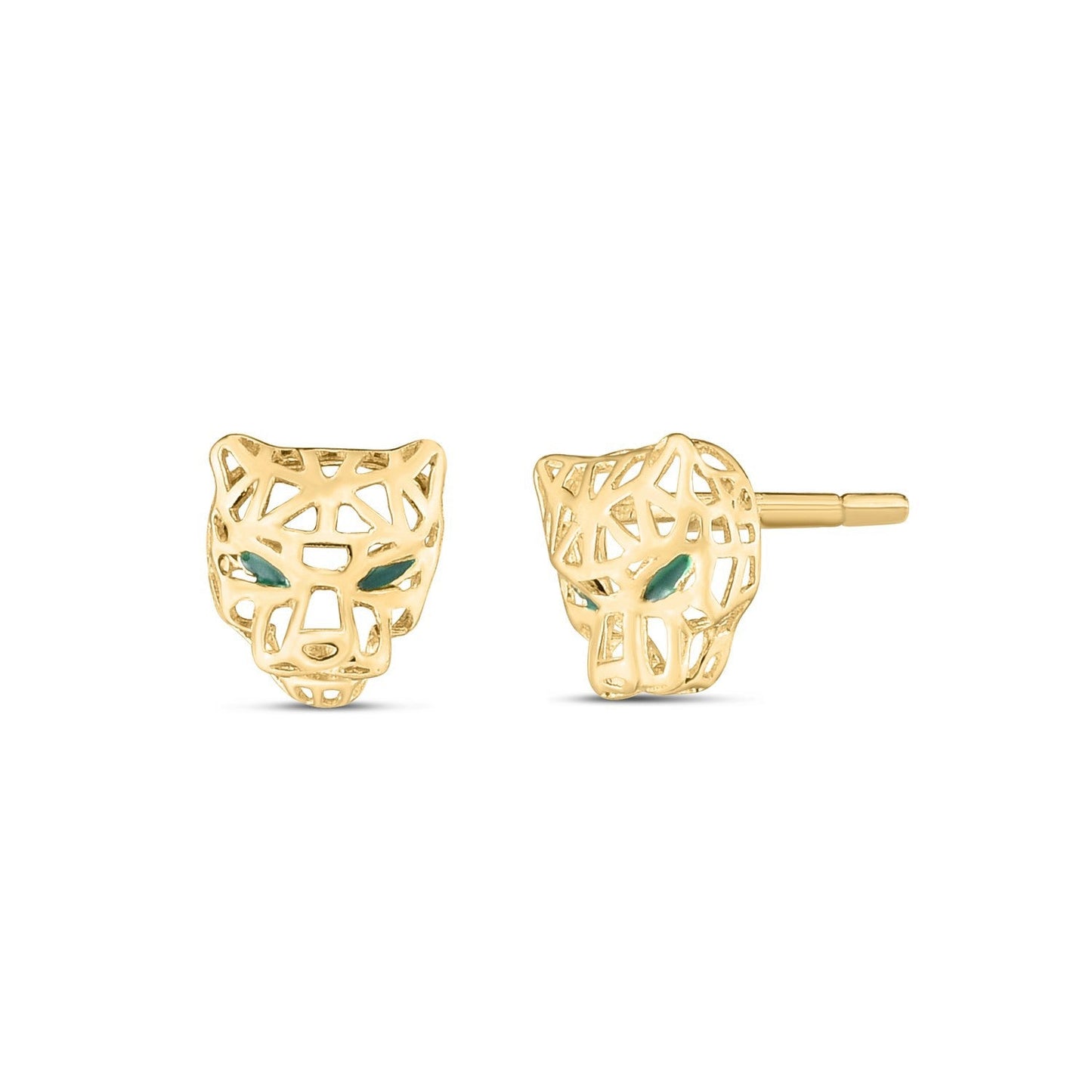 14k yellow gold panther head stud earrings featuring detailed feline design for a bold, stylish jewelry statement.