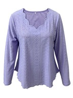 Elegant women's eyelet long sleeve blouse by Plush Fashion Hub, featuring stretchy fabric and versatile office-appropriate style.