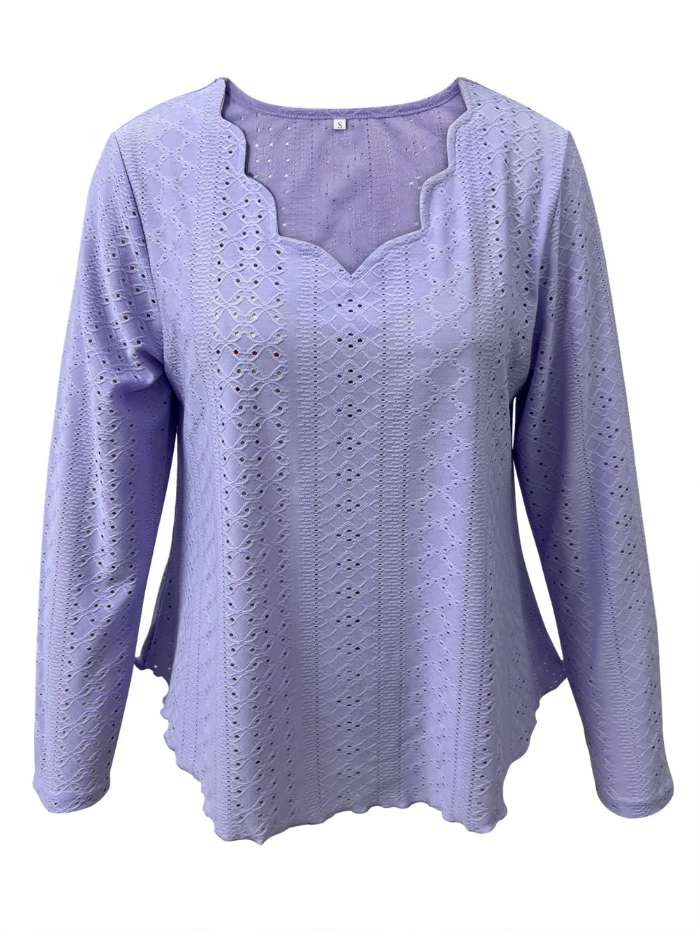 Elegant women's eyelet long sleeve blouse by Plush Fashion Hub, featuring stretchy fabric and versatile office-appropriate style.