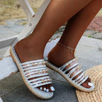 Large size women's straw sandals with thick hemp rope bottom and rhinestone accents by Plush Fashion Hub.