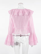 Women's elegant long sleeve blouse with ruffle trim, soft Tencel blend fabric, stylish top from Trendsi.