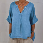 Women's cotton linen V-neck button-up shirt from FitiqueFit, casualwear, featuring a relaxed fit and stylish V-neck design.