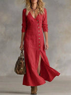 Plus size full-length maxi dress with button front and side slit by Shopimist, featuring a stylish, flowing design.