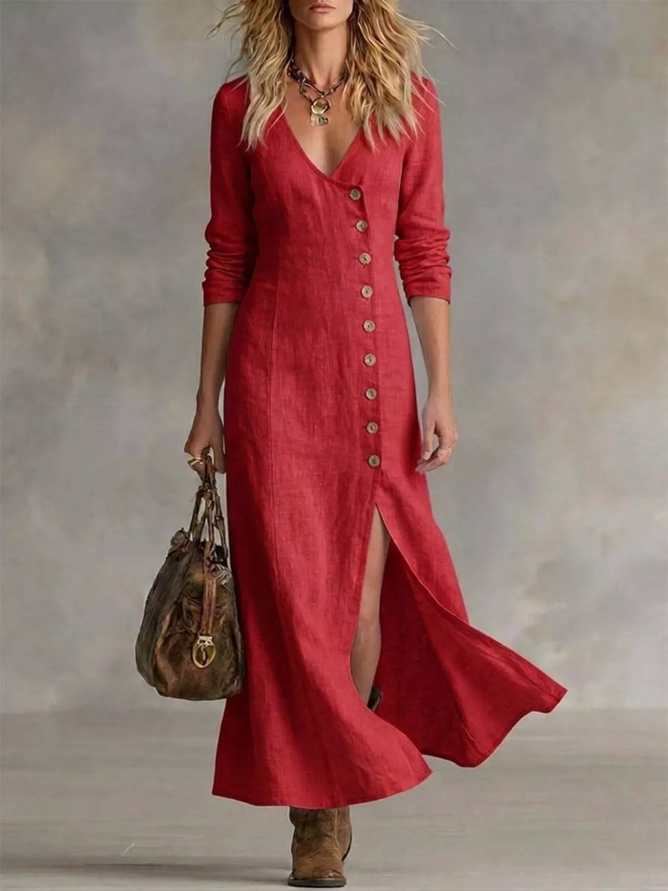 Plus size full-length maxi dress with button front and side slit by Shopimist, featuring a stylish, flowing design.