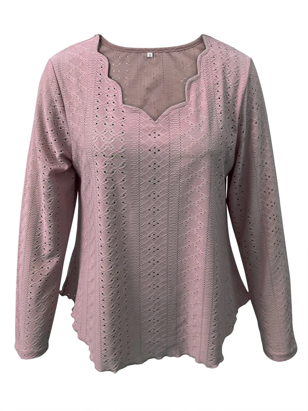 Elegant women's eyelet long sleeve blouse by Plush Fashion Hub, featuring stretchy fabric and versatile office-appropriate style.