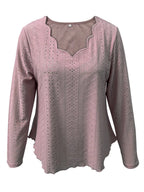 Elegant women's eyelet long sleeve blouse by Plush Fashion Hub, featuring stretchy fabric and versatile office-appropriate style.