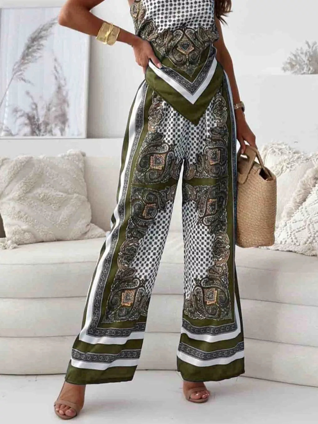 Shopimist printed cami and wide-leg pants set displayed on a model, featuring a stylish matching top and flowy trousers.