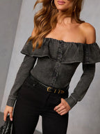 Women's off-shoulder ruffled denim blouse by Trendsi, casual soft blue top with stylish ruffle details and off-shoulder design.