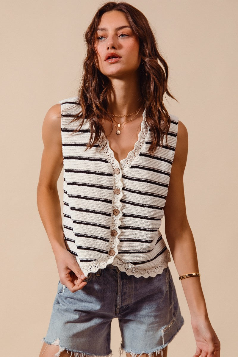 Women's striped knit sweater vest with crochet trim, button-down front, from Plush Fashion Hub, styled for casual or layered looks.