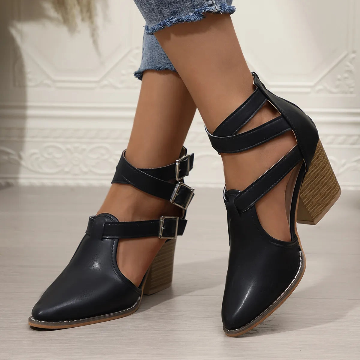 Women's point toe block heels sandals by Trendsi, featuring sleek design and comfortable chunky heel, perfect for stylish occasions.