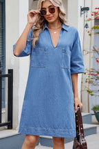 VYSN Johnny collar half sleeve denim dress showing front view with collar and button details on casual fashion clothing.
