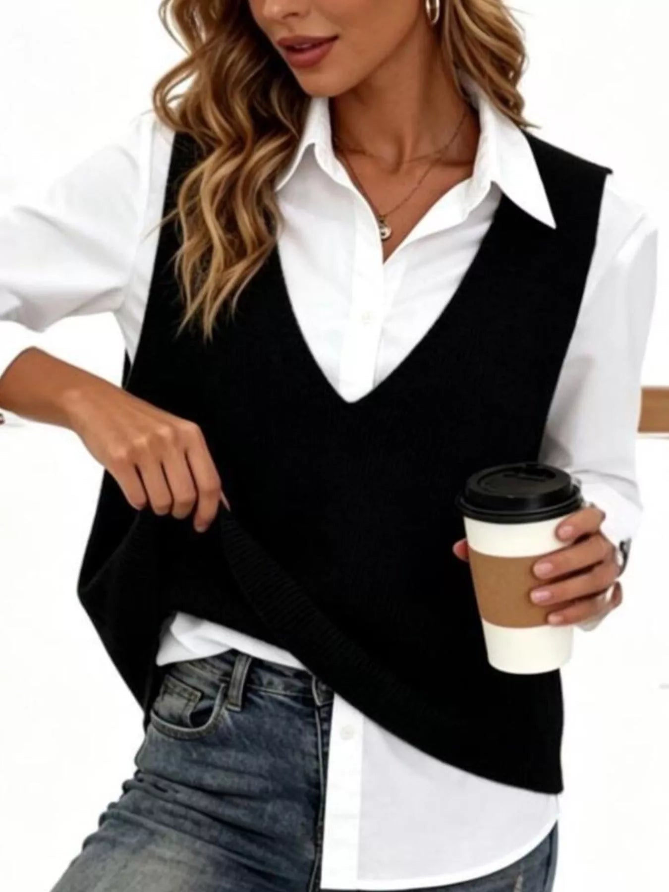 Plus size full V-neck sleeveless knit sweater vest by Trendsi, showcasing a soft, fitted knitwear design in a natural pose.