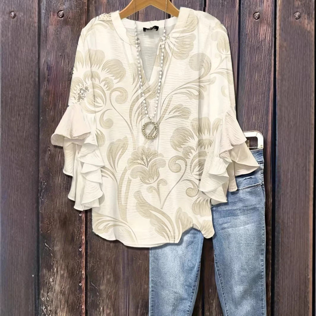 Women's 3D print ruffle sleeve loose top by FitiqueFit featuring an elegant urban style, available in sizes S to 2XL.