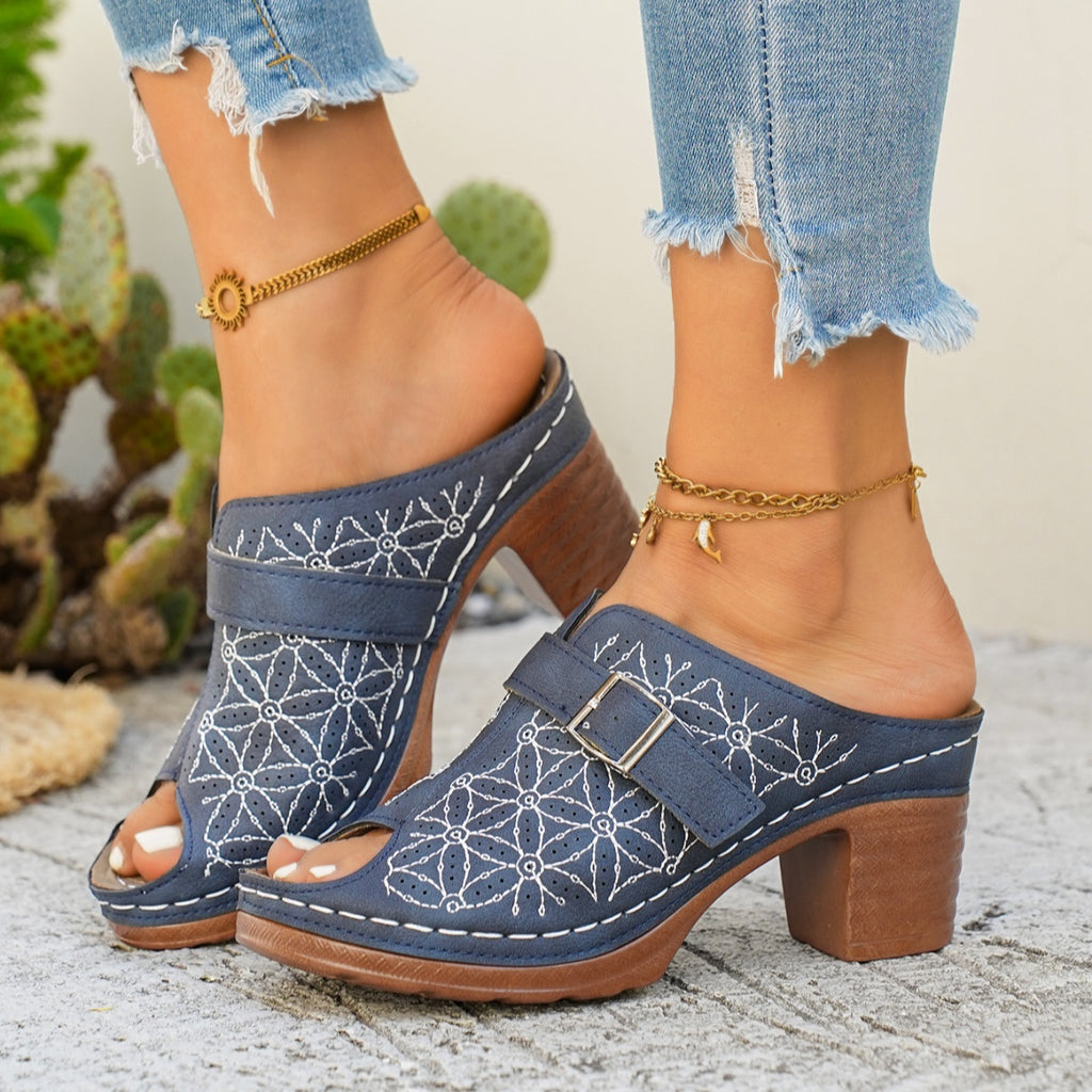 Women's chic buckle detail block heel sandals by Trendsi, crafted in premium faux leather with stylish strap design.