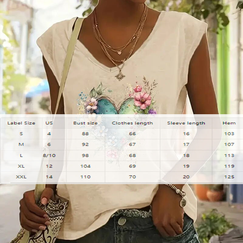 Short sleeve floral heart print casual T-shirt from Plush Fashion Hub, featuring colorful summer design and comfortable fit.