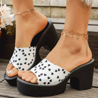 Shopimist heart print block heel sandals featuring red heart patterns and comfortable chunky heels on a white background.
