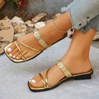 Shopimist rhinestone strappy flat sandals with sparkling embellishments and multiple thin straps on a neutral background.