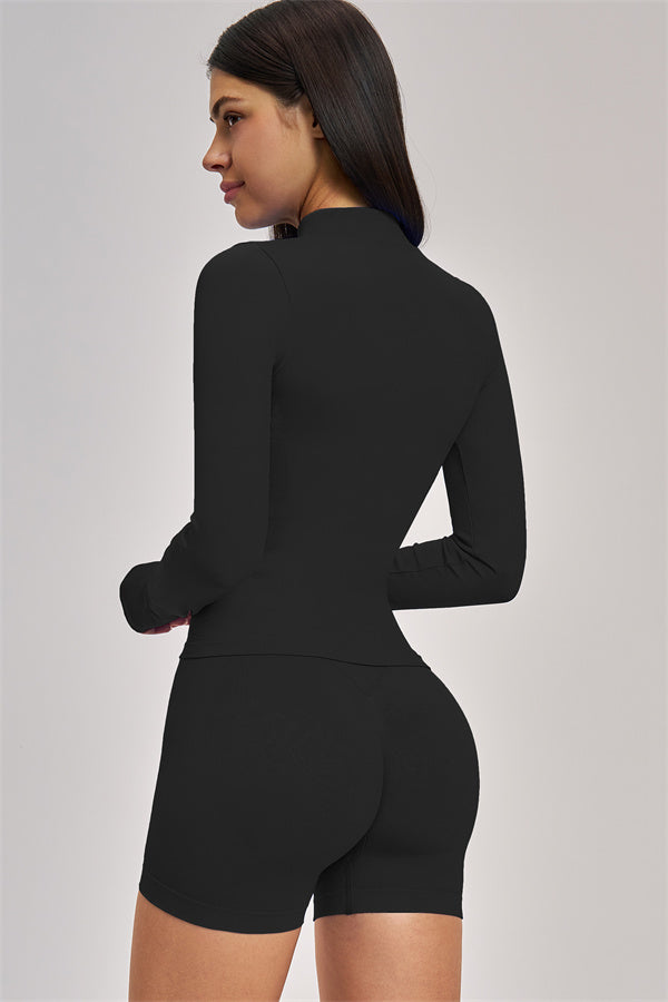 Fitglutes Activewear sports bra, jacket, and shorts 3-piece set for workout and gym, shown in a stylish, coordinated athletic outfit.