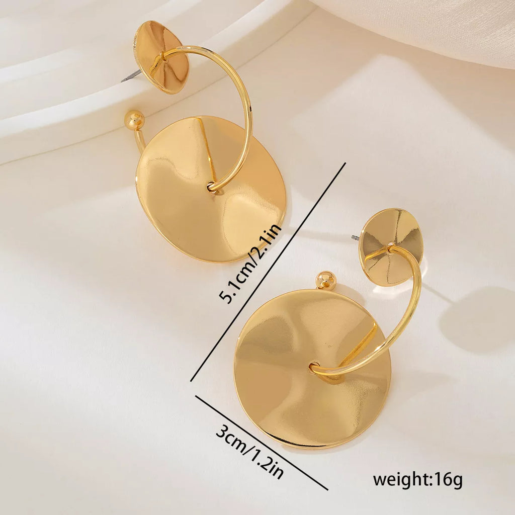18K gold-plated geometric circle drop earrings with modern design, featuring sleek circular shapes and polished finish.