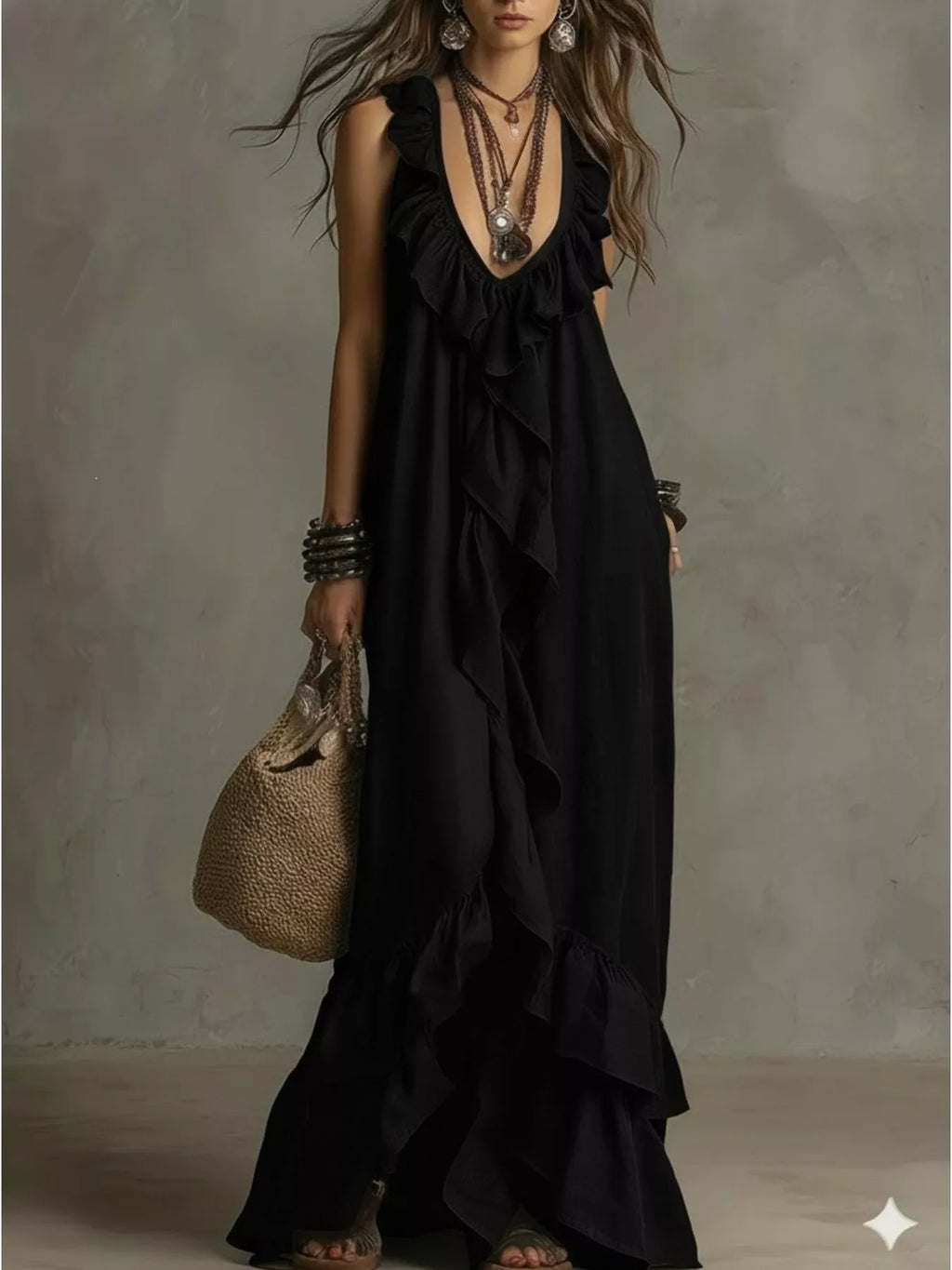 Ruffled sleeveless maxi dress by Shopimist featuring flowing fabric and a stylish design, displayed on a hanger against a neutral background.