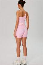 Fitglutes activewear one-shoulder crop top and shorts 2-piece gym set, stylish sportswear for workout and activewear.