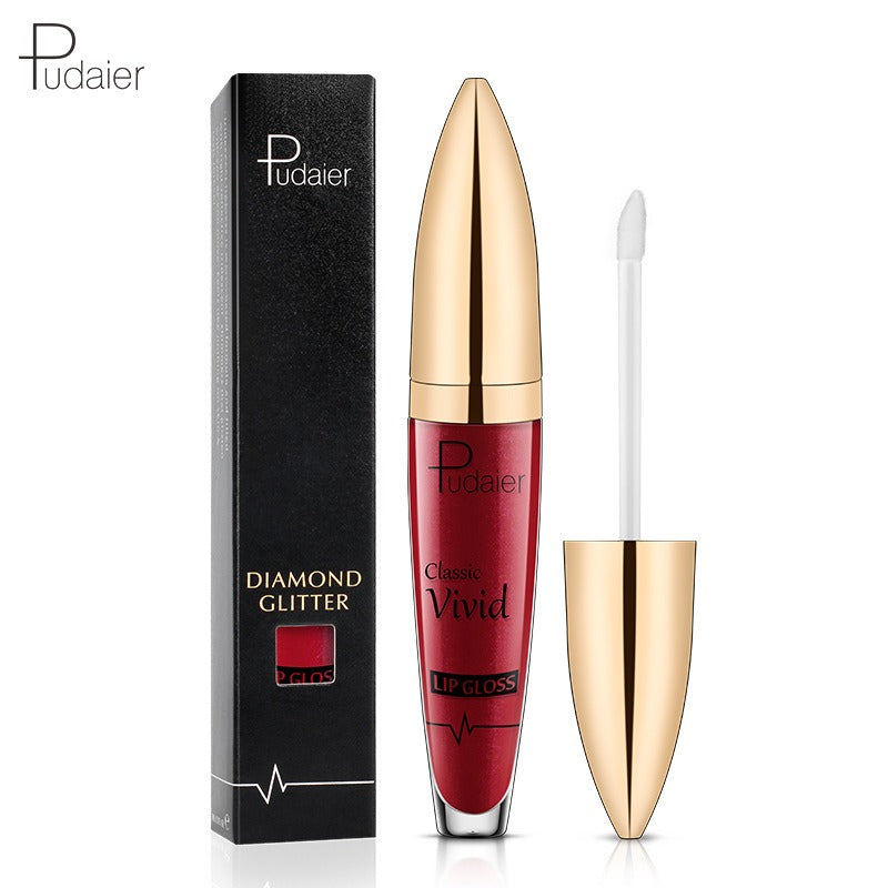 Pudaier red lip gloss tube with gold cap and applicator, alongside its black box.