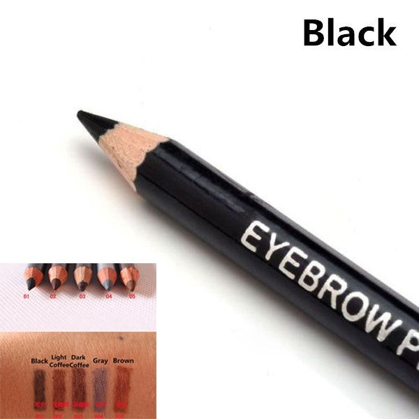 Black wooden eyebrow pencil with white lettering and a sharpened lead, inset showing color swatches.