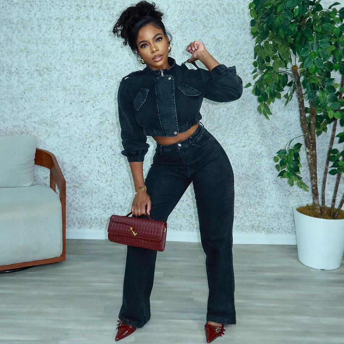 Denim Set Fashion Long Sleeve Cropped Jacket High Waist Denim Pants