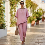 Women's casual resort loose short-sleeve top and pants set by Plush Fashion Hub, featuring comfortable, relaxed-fit fabric and stylish design.