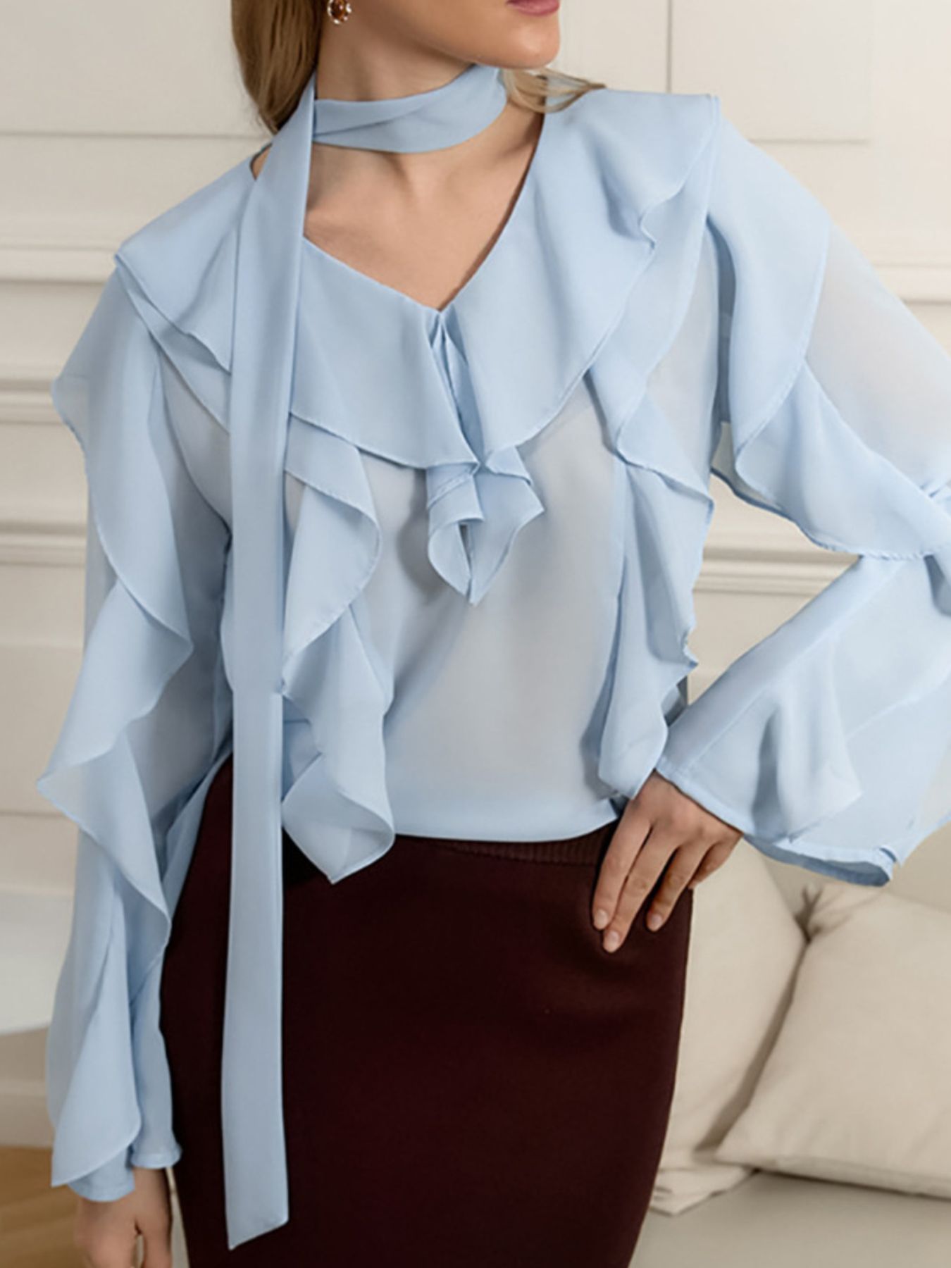 Elegant chiffon blouse with ruffle trim and tie neck detail, stylish women's blouse by Trendsi, lightweight and flowy fabric