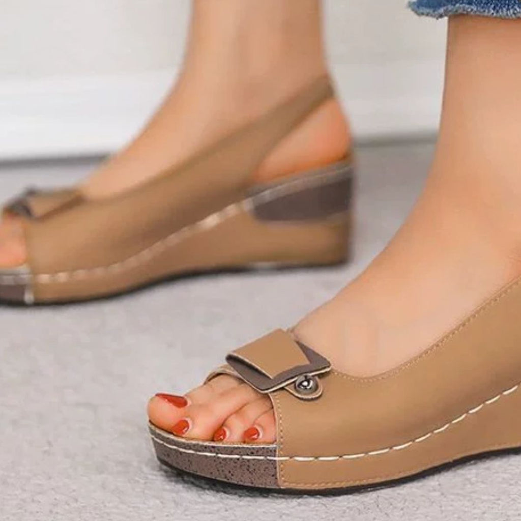 Women's comfortable peep toe wedge sandals with mid-heel, casual dress shoes from Trendsi, featuring a stylish and supportive design.