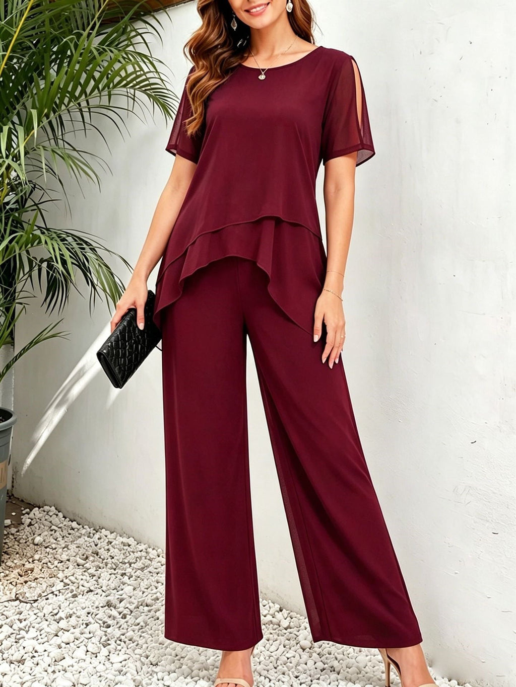 Women's irregular hem top and wide-leg pants matching set by Plush Fashion Hub, stylish two-piece outfit for casual wear.