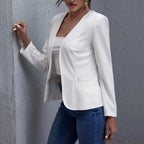 White Open-Front Cropped Blazer – Women's Plus Size Collarless Long Sleeve Jacket