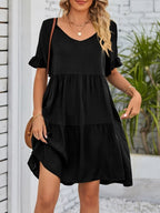 Lightweight rayon ruffled sleeve tiered mini dress with pockets, trendy and feminine dress by Trendsi.