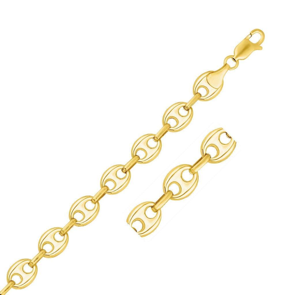 11.0mm 14k yellow gold puffed Mariner link bracelet with polished finish, showcasing its detailed gold links and elegant design.